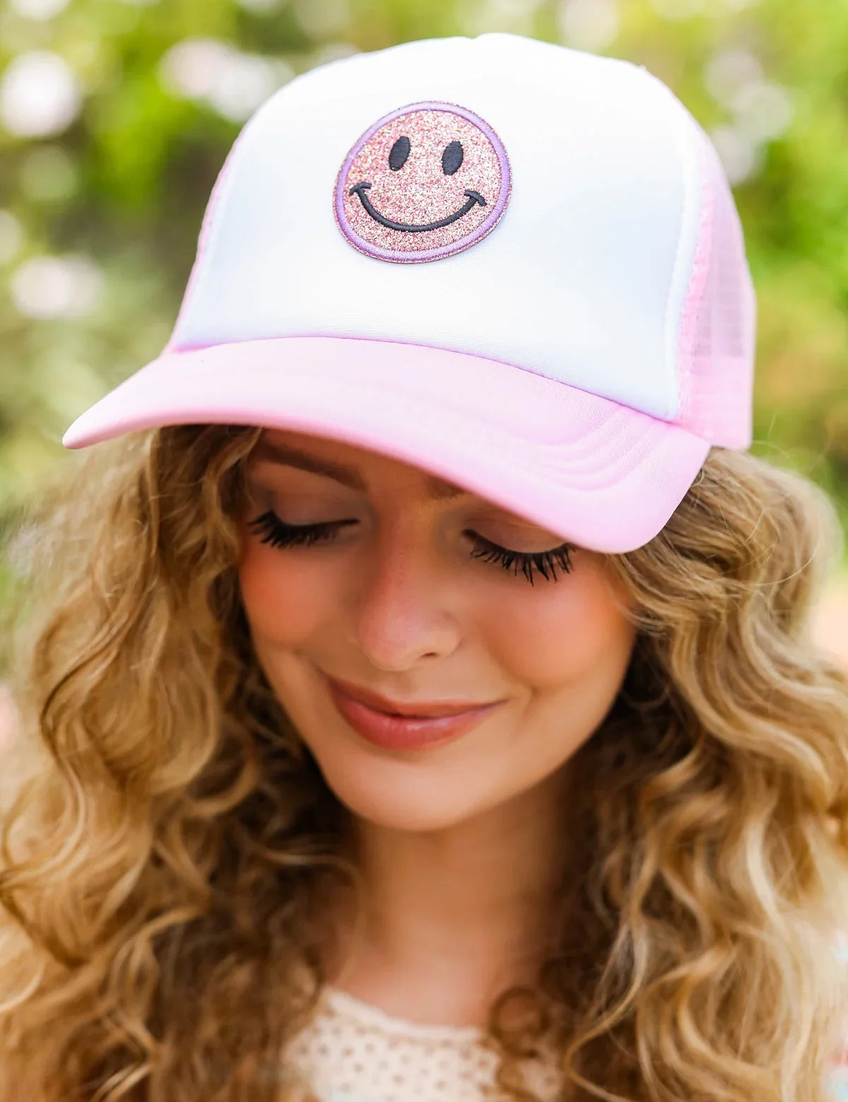 Baby Pink Glitter Smiley Face Mesh Trucker Hat | 2024 Summer Blow Out Sale Daverri Fashions