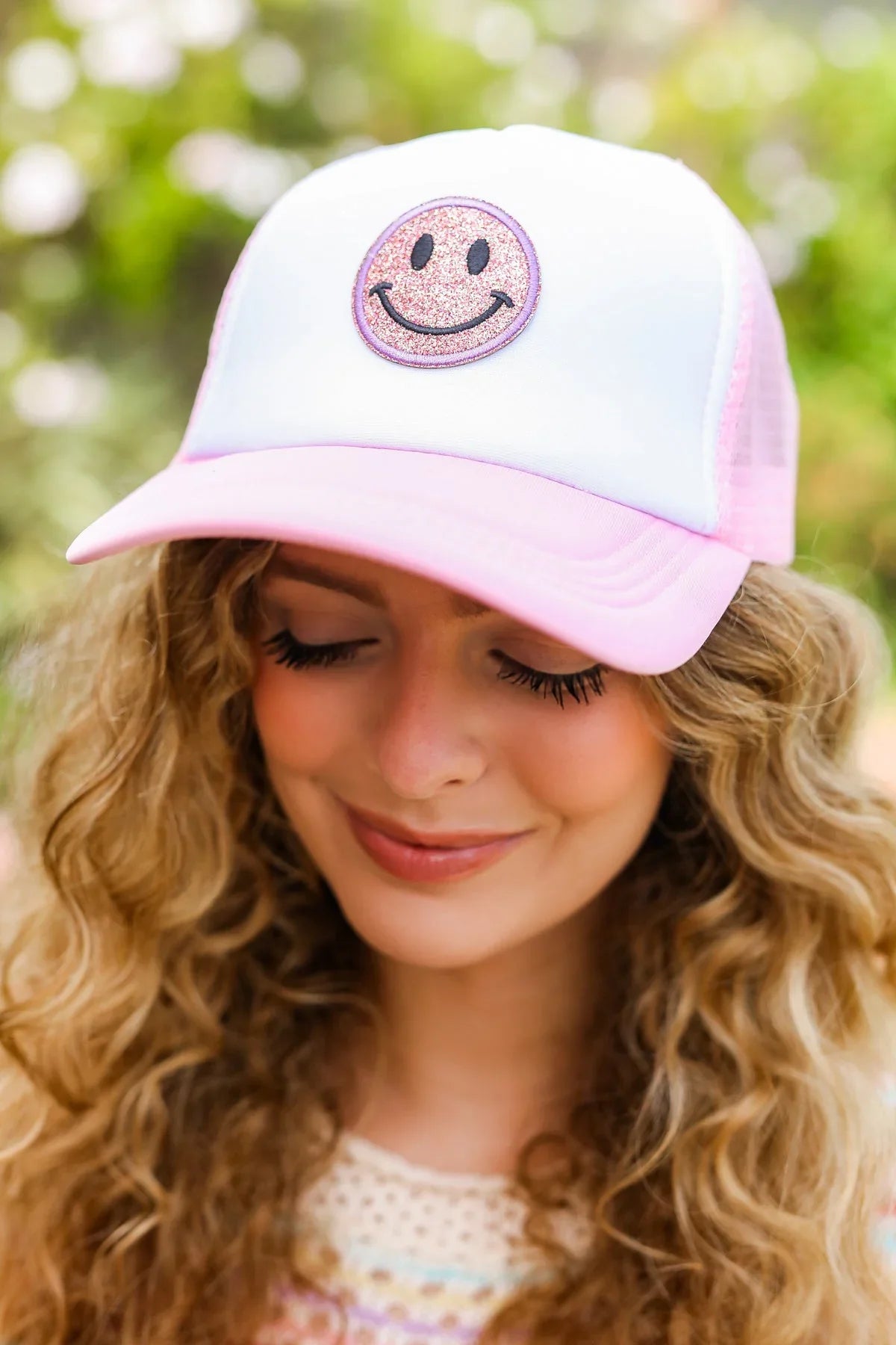 Baby Pink Glitter Smiley Face Mesh Trucker Hat | 2024 Summer Blow Out Sale Daverri Fashions