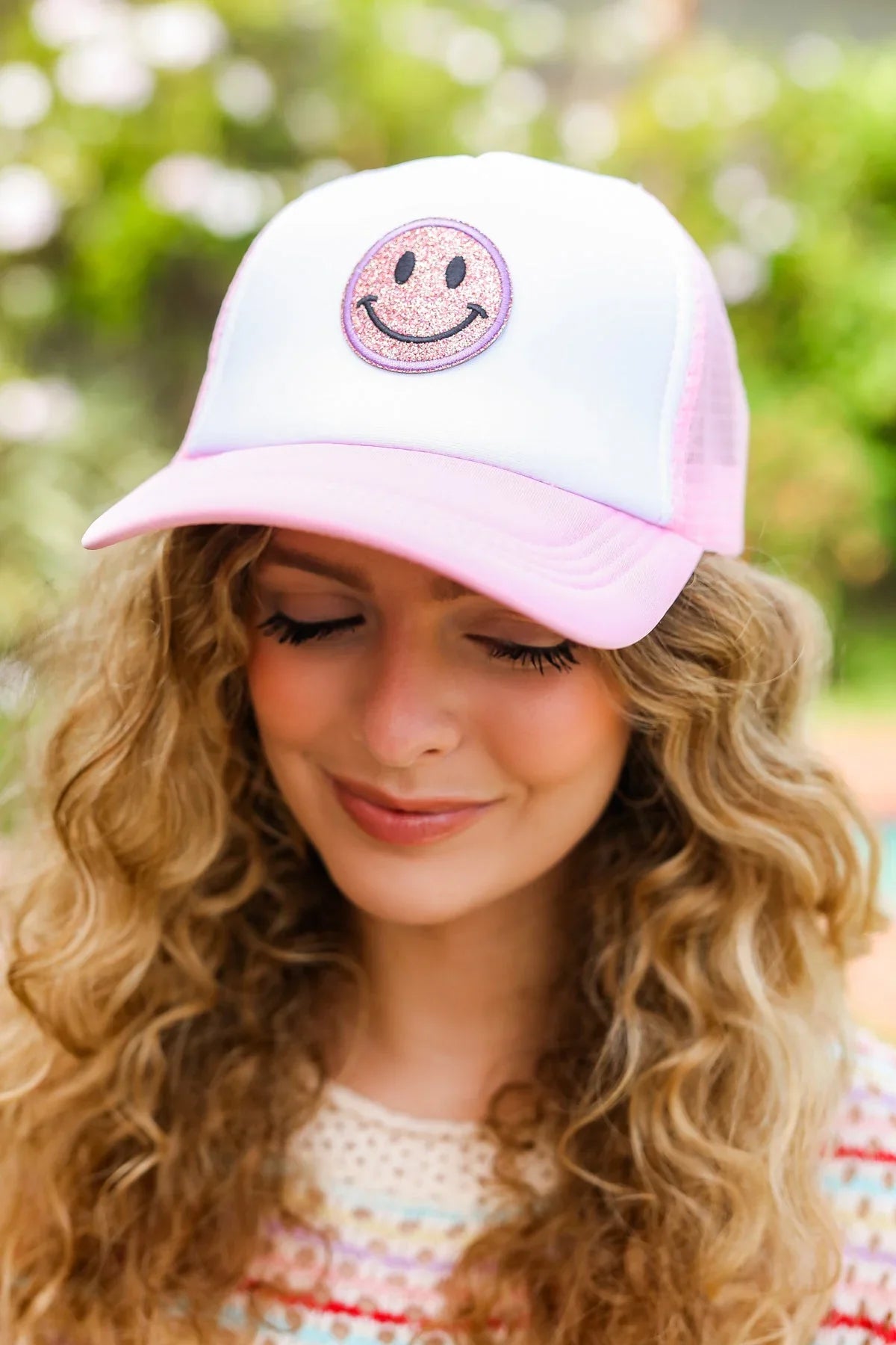 Baby Pink Glitter Smiley Face Mesh Trucker Hat | 2024 Summer Blow Out Sale Daverri Fashions