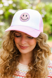 Baby Pink Glitter Smiley Face Mesh Trucker Hat | 2024 Summer Blow Out Sale Daverri Fashions