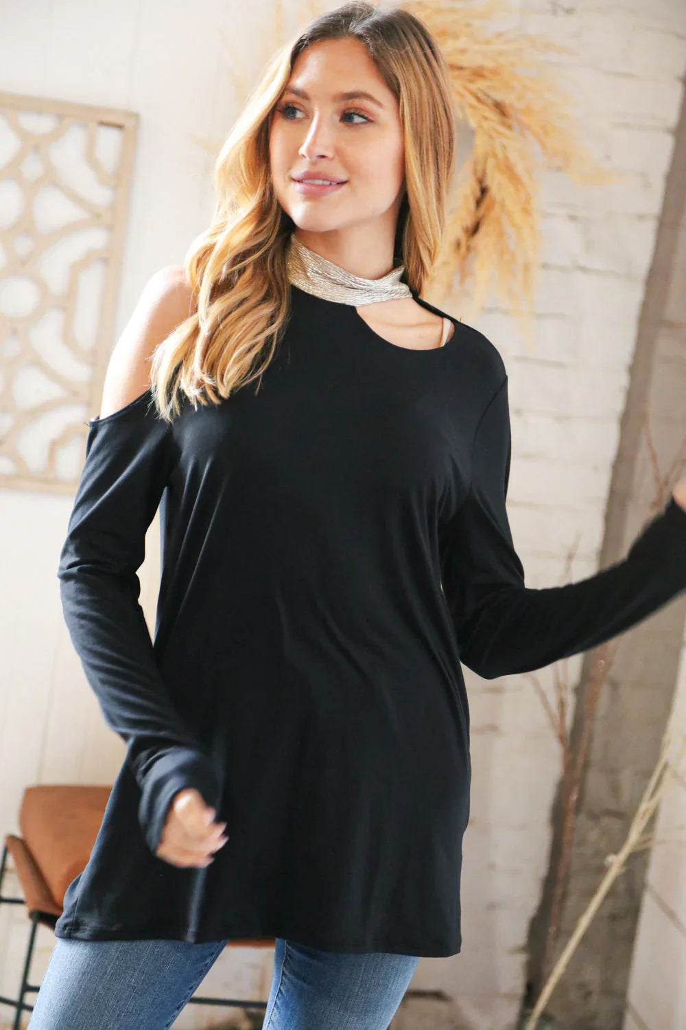 Shimmer Foil Neck Band Cold Shoulder Holiday Top | Daverri Fashions