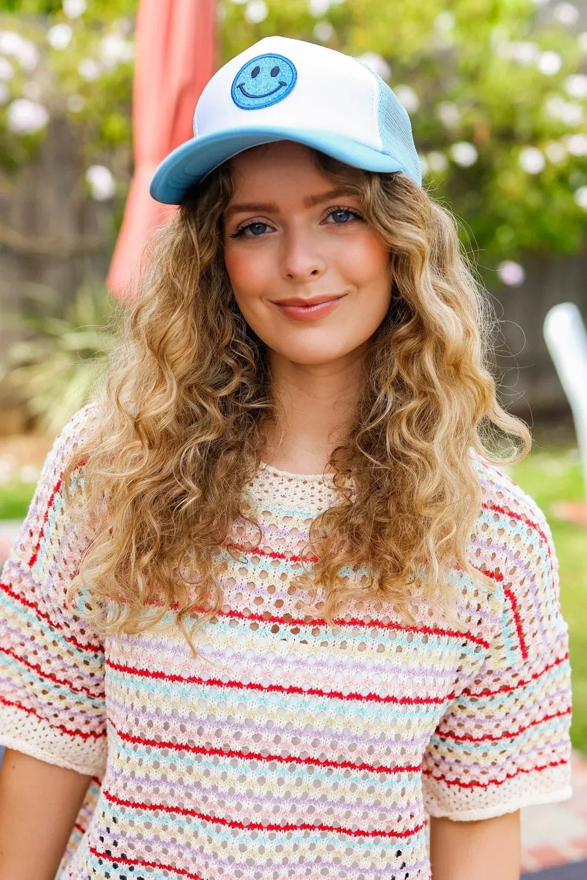 Baby Blue Glitter Smiley Face Mesh Trucker Hat - DAVERRI FASHIONS