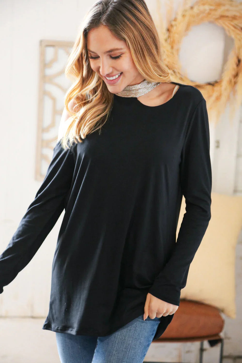 Shimmer Foil Neck Band Cold Shoulder Holiday Top | Daverri Fashions