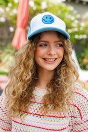 Baby Blue Glitter Smiley Face Mesh Trucker Hat | 07-01-25 Summer Sale Daverri Fashions