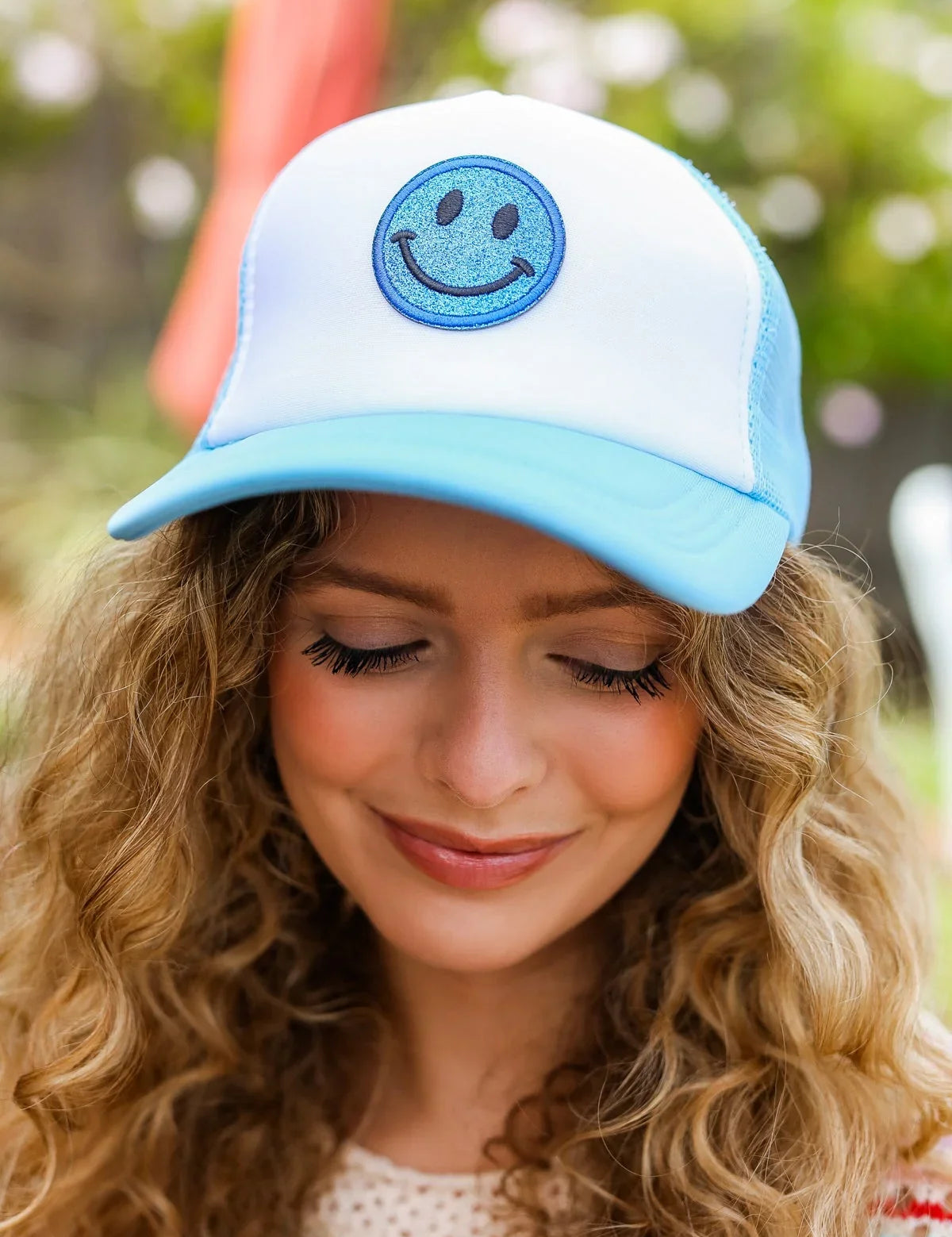 Baby Blue Glitter Smiley Face Mesh Trucker Hat | 07-01-25 Summer Sale Daverri Fashions