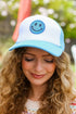 Baby Blue Glitter Smiley Face Mesh Trucker Hat - DAVERRI FASHIONS
