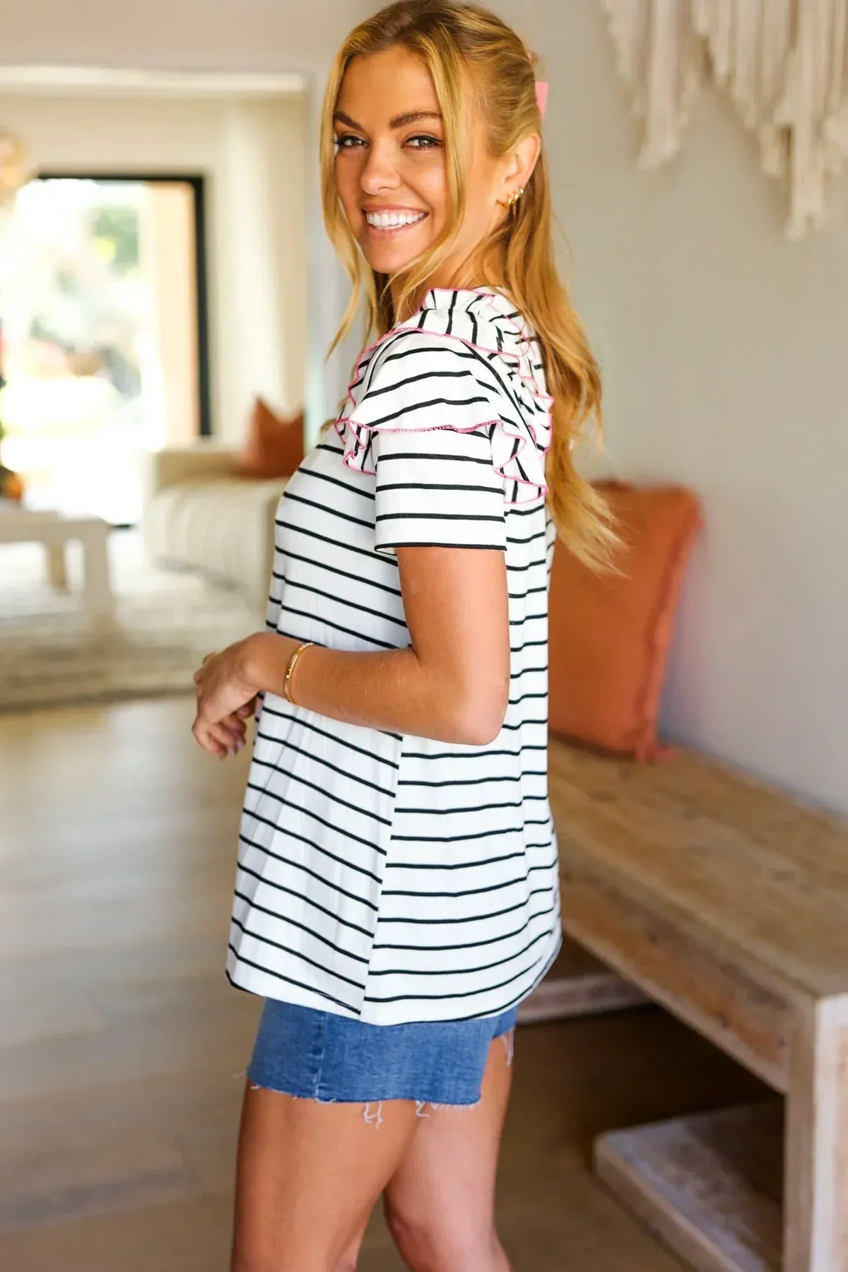 Get To It Ivory & Pink Merrow Stitch Ruffle Sleeve Stripe Top - DAVERRI FASHIONS