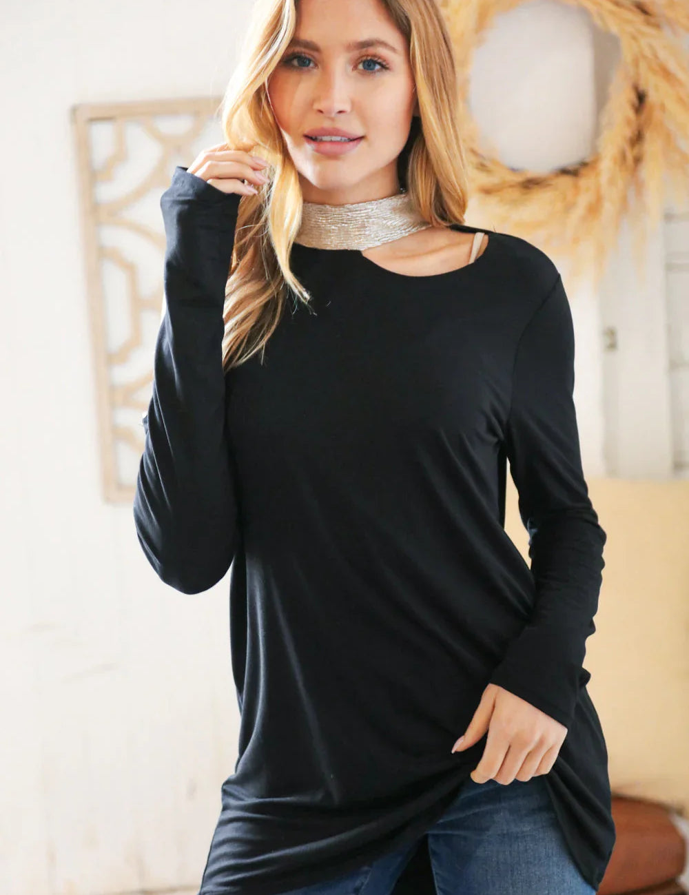 Shimmer Foil Neck Band Cold Shoulder Holiday Top | Daverri Fashions