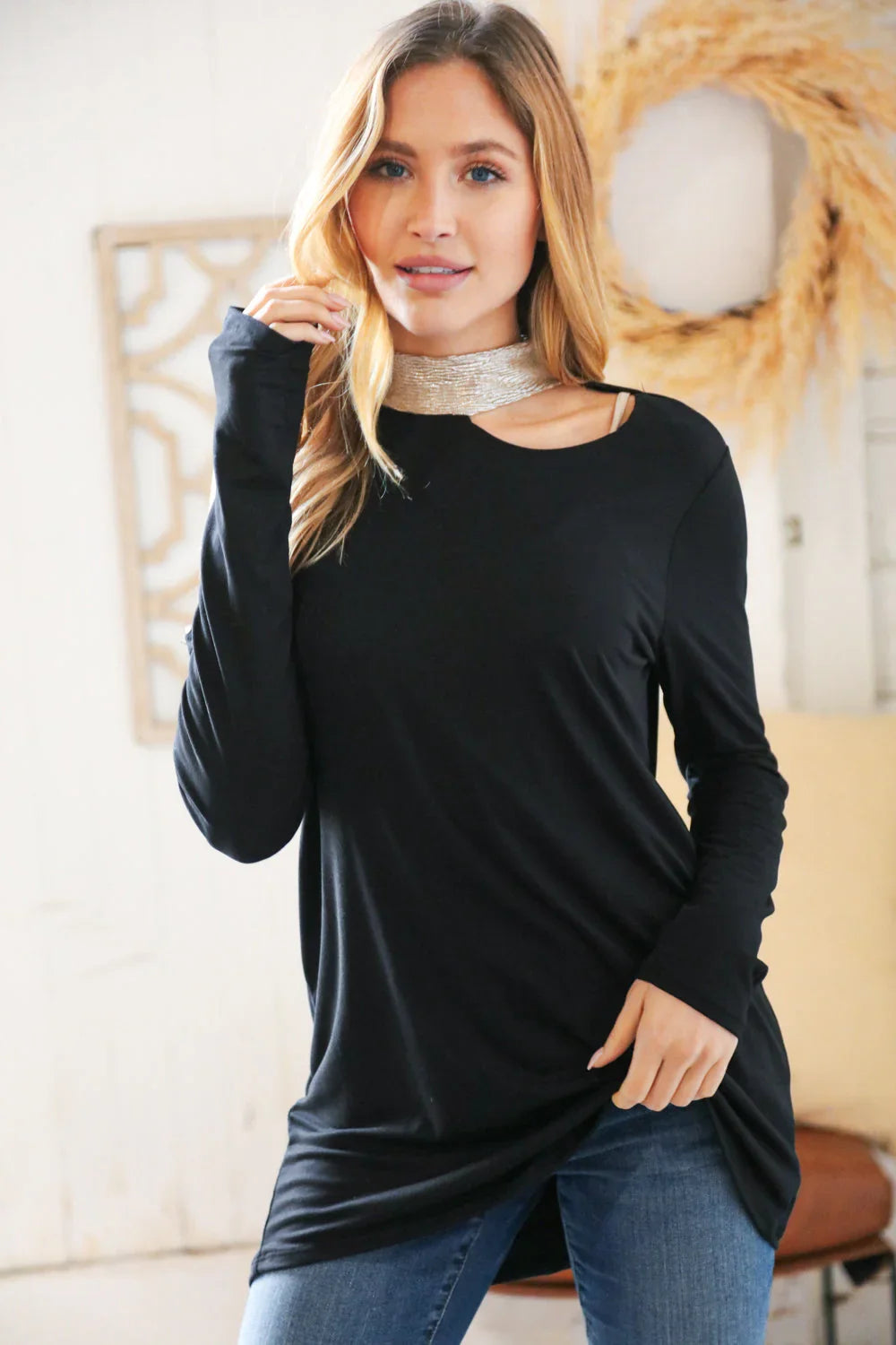 Shimmer Foil Neck Band Cold Shoulder Holiday Top | Daverri Fashions