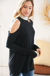 Shimmer Foil Neck Band Cold Shoulder Holiday Top | Daverri Fashions