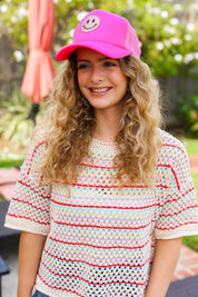 Neon Pink Glitter Smiley Face Mesh Trucker Hat | 07-01-25 Summer Sale Daverri Fashions