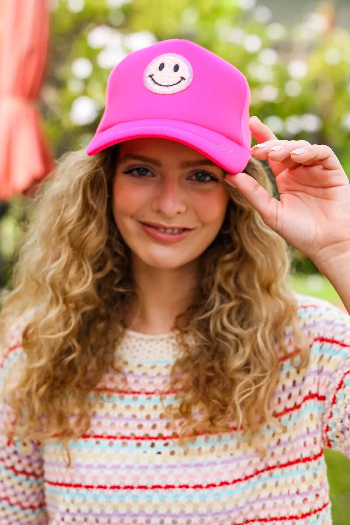 Neon Pink Glitter Smiley Face Mesh Trucker Hat | 07-01-25 Summer Sale Daverri Fashions