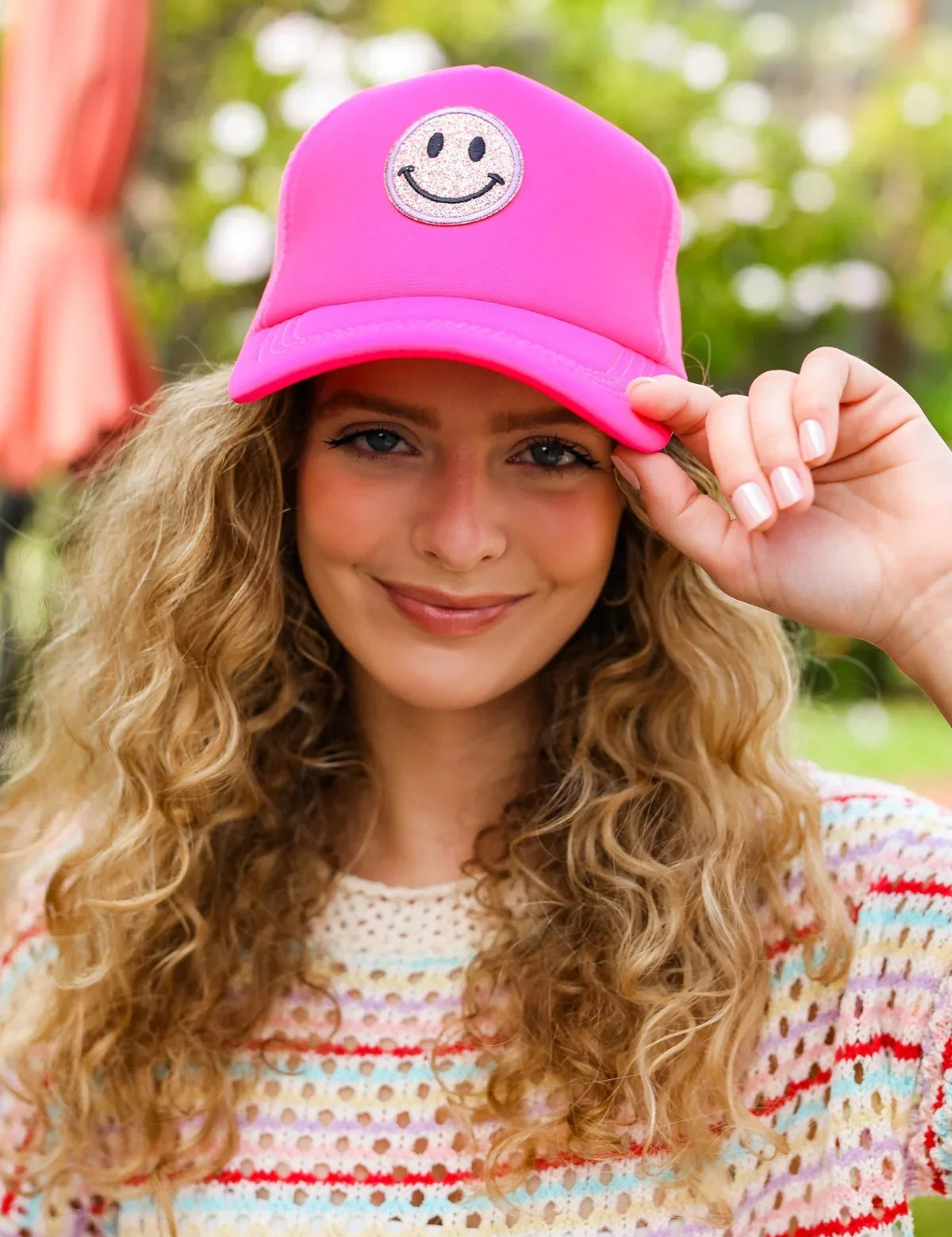 Neon Pink Glitter Smiley Face Mesh Trucker Hat | 07-01-25 Summer Sale Daverri Fashions