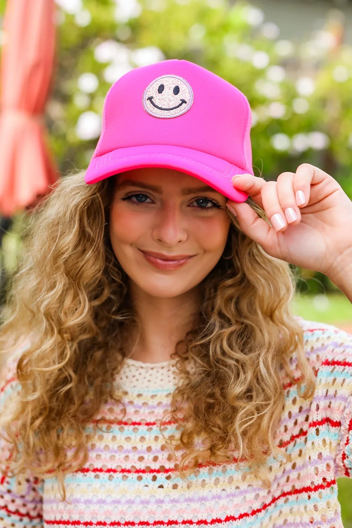Neon Pink Glitter Smiley Face Mesh Trucker Hat | 07-01-25 Summer Sale Daverri Fashions