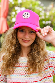 Neon Pink Glitter Smiley Face Mesh Trucker Hat | 07-01-25 Summer Sale Daverri Fashions