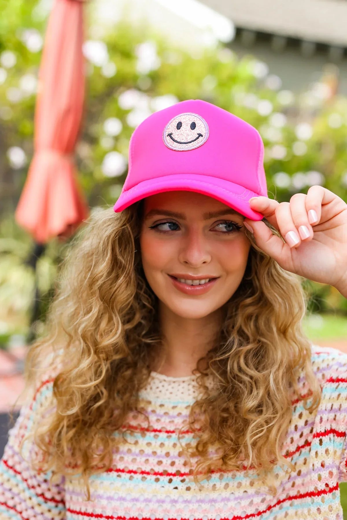 Neon Pink Glitter Smiley Face Mesh Trucker Hat | 07-01-25 Summer Sale Daverri Fashions