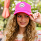 Neon Pink Glitter Smiley Face Mesh Trucker Hat - DAVERRI FASHIONS