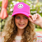 Neon Pink Glitter Smiley Face Mesh Trucker Hat - DAVERRI FASHIONS