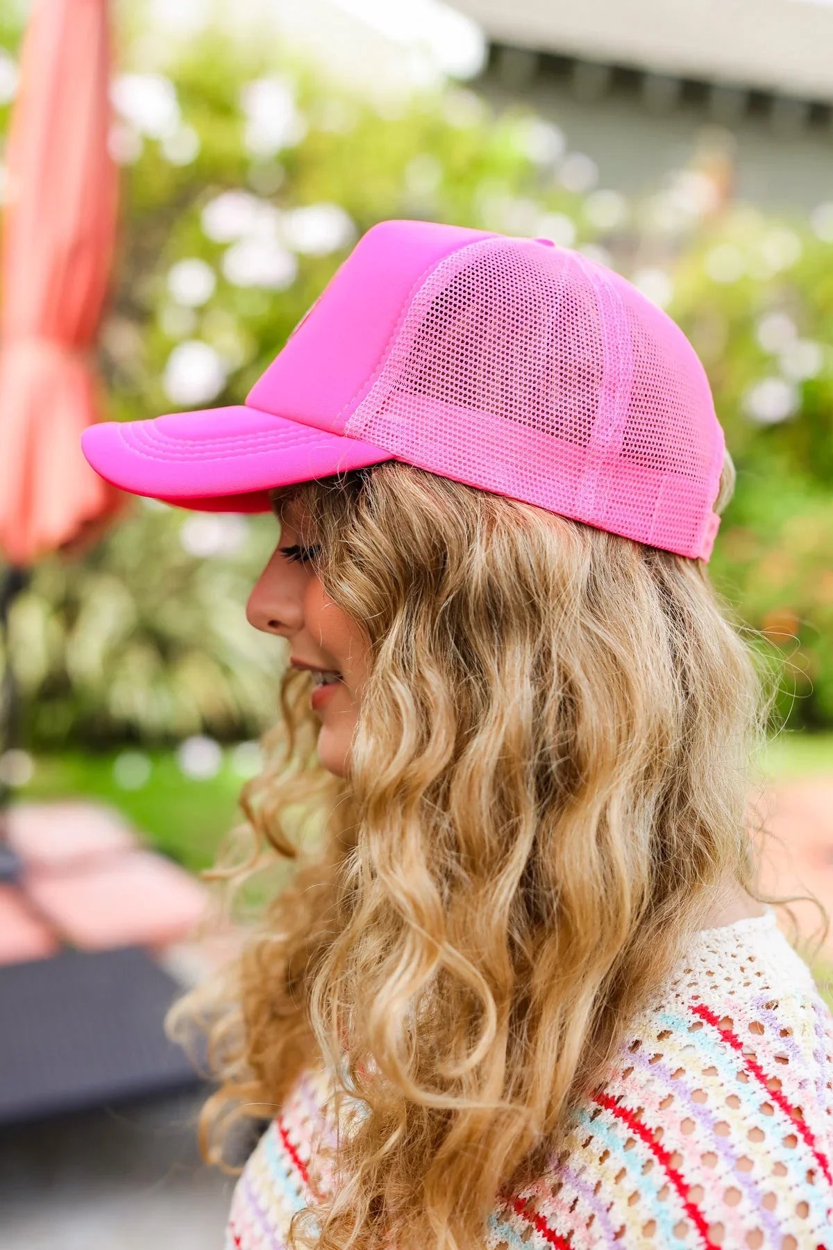 Neon Pink Glitter Smiley Face Mesh Trucker Hat | 07-01-25 Summer Sale Daverri Fashions