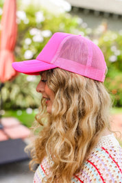 Neon Pink Glitter Smiley Face Mesh Trucker Hat | 07-01-25 Summer Sale Daverri Fashions