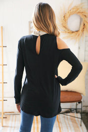 Shimmer Foil Neck Band Cold Shoulder Holiday Top | Daverri Fashions