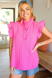 Glamorous In Hot Pink Textured Ruffle Mock Neck Top | Daverri Fashions
