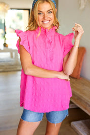 Glamorous In Hot Pink Textured Ruffle Mock Neck Top | Daverri Fashions