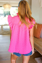 Glamorous In Hot Pink Textured Ruffle Mock Neck Top | Daverri Fashions