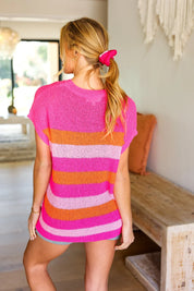 Feeling Bold Fuchsia & Orange Stripe Short Sleeve Dolman Sweater | Daverri Fashions
