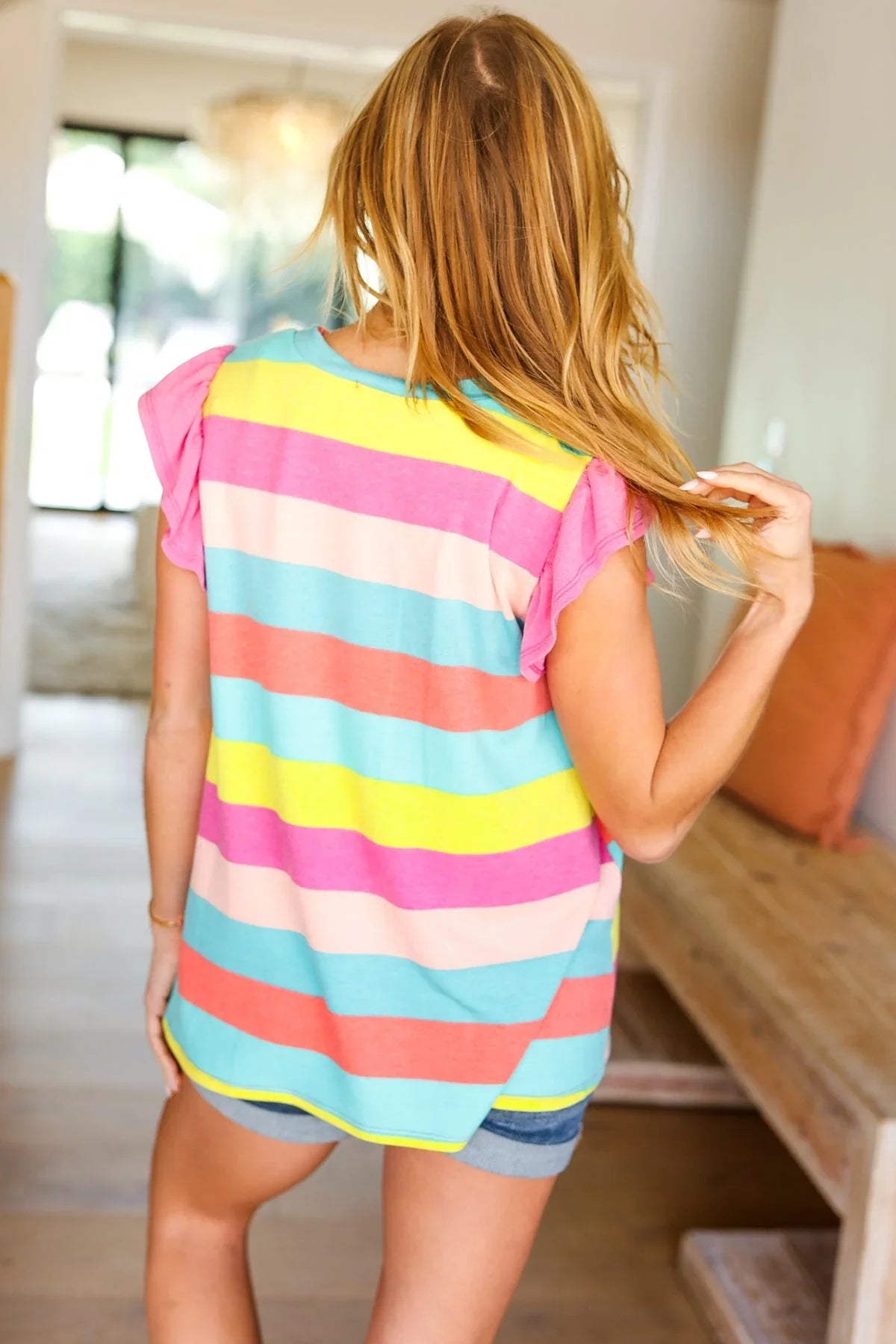 Relaxed Fun Mint & Fuchsia Stripe Flutter Sleeve Terry Knit Top | Daverri Fashions