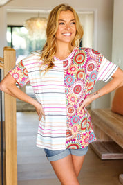 Always Fun Ivory & Fuchsia Stripe and Crochet Print Top | Daverri Fashions