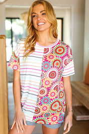 Always Fun Ivory & Fuchsia Stripe and Crochet Print Top | Daverri Fashions