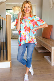 Weekend Ready Aqua & Coral Floral V Neck Woven Top | Daverri Fashions