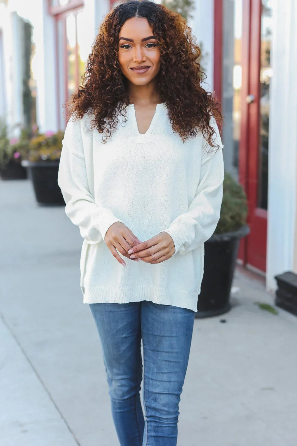 Lock Eyes Ivory Notched Neck With Patch Oversized Sweater | 2024 Blow-Out Sale Daverri Fashions