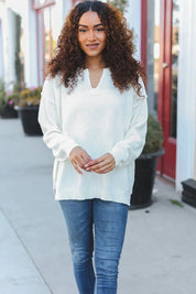 Lock Eyes Ivory Notched Neck With Patch Oversized Sweater | 2024 Blow-Out Sale Daverri Fashions