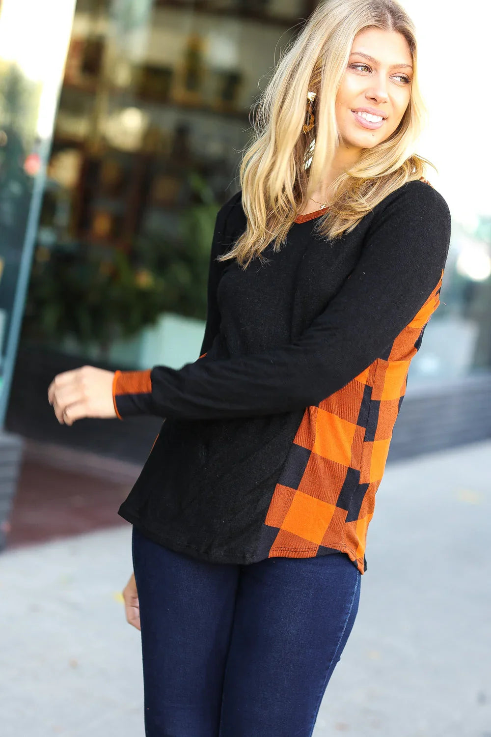 Black & Rust Plaid Hacci Knit Hoodie | Daverri Fashions