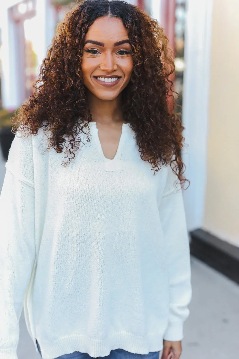 Lock Eyes Ivory Notched Neck With Patch Oversized Sweater | 2024 Blow-Out Sale Daverri Fashions