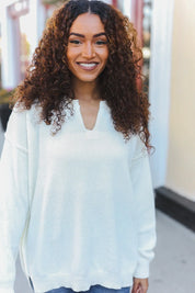 Lock Eyes Ivory Notched Neck With Patch Oversized Sweater | 2024 Blow-Out Sale Daverri Fashions