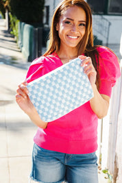 Blue & White Checker Cloth/Knit Travel Bag | Daverri Fashions
