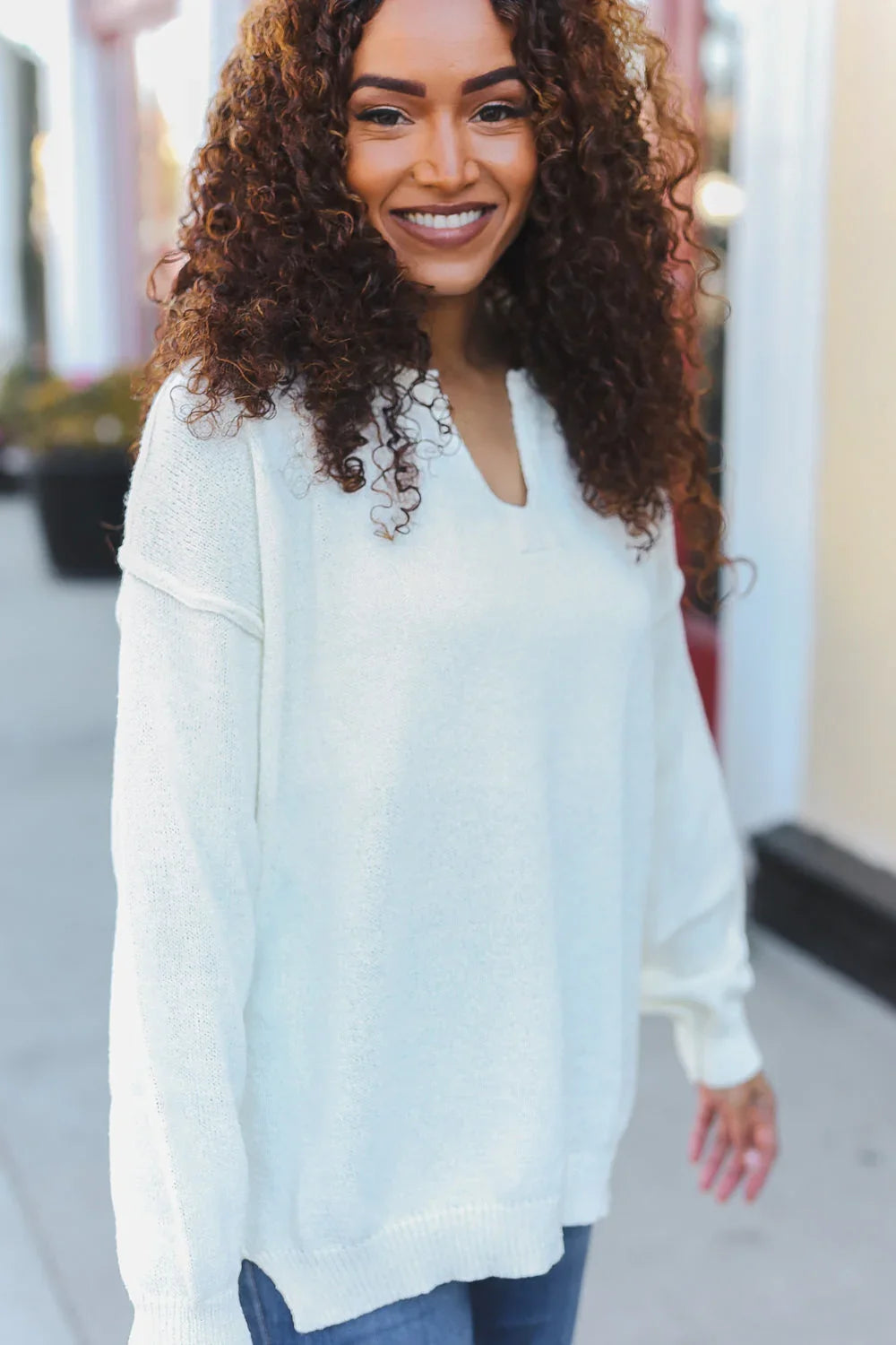 Lock Eyes Ivory Notched Neck With Patch Oversized Sweater | 2024 Blow-Out Sale Daverri Fashions