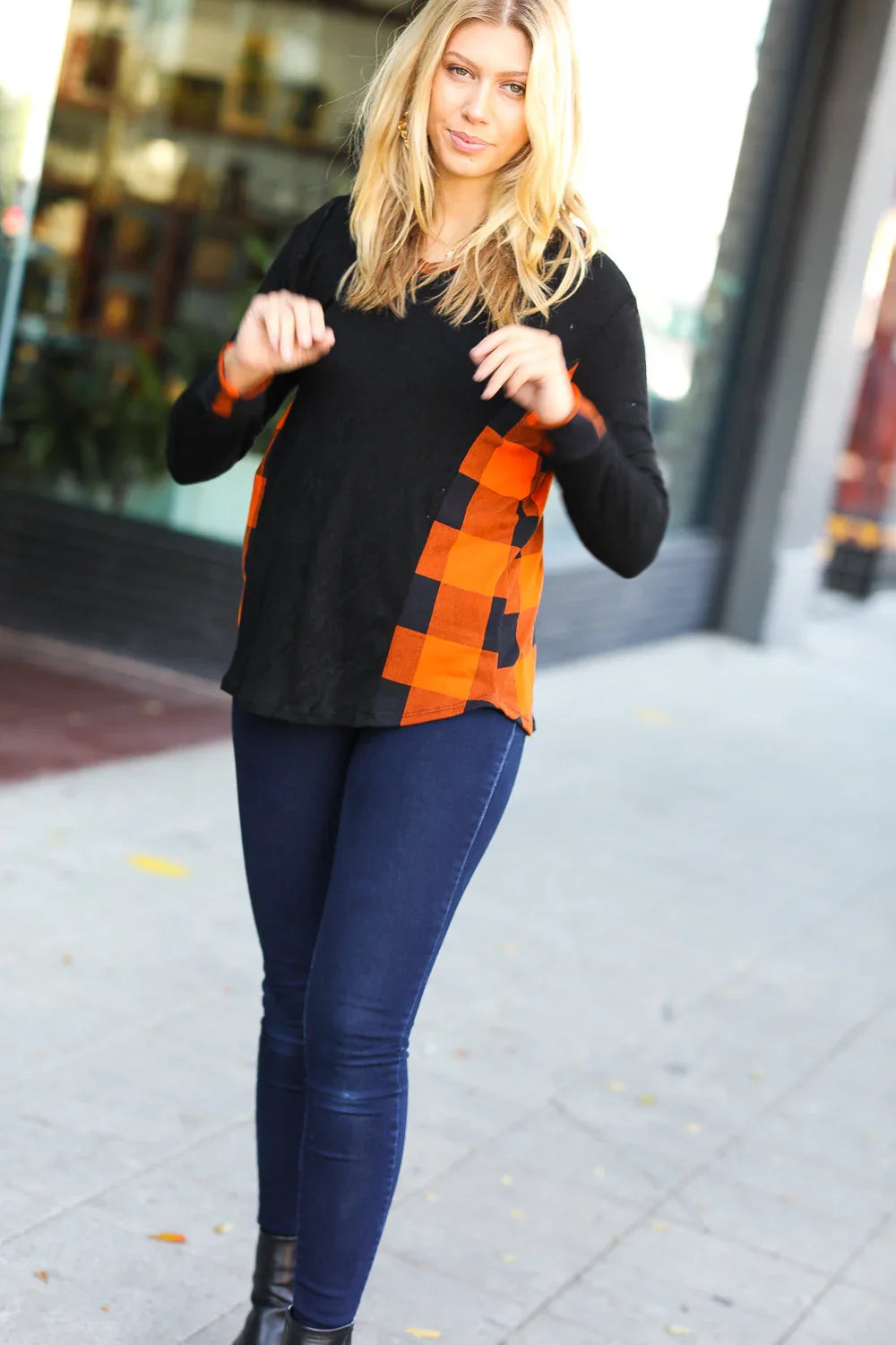 Black & Rust Plaid Hacci Knit Hoodie | Daverri Fashions