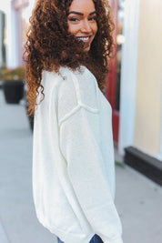 Lock Eyes Ivory Notched Neck With Patch Oversized Sweater | 2024 Blow-Out Sale Daverri Fashions
