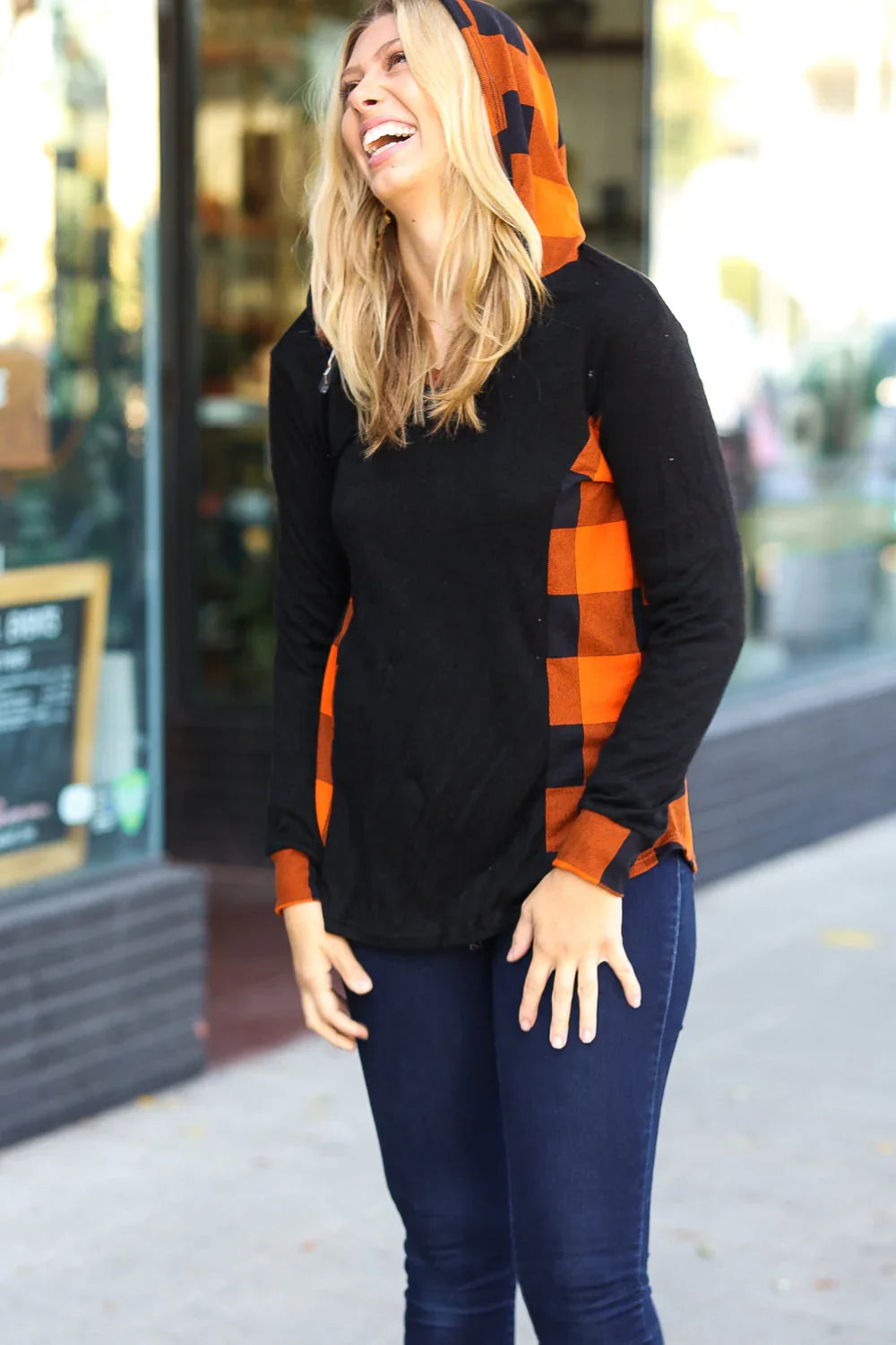 Black & Rust Plaid Hacci Knit Hoodie | Daverri Fashions