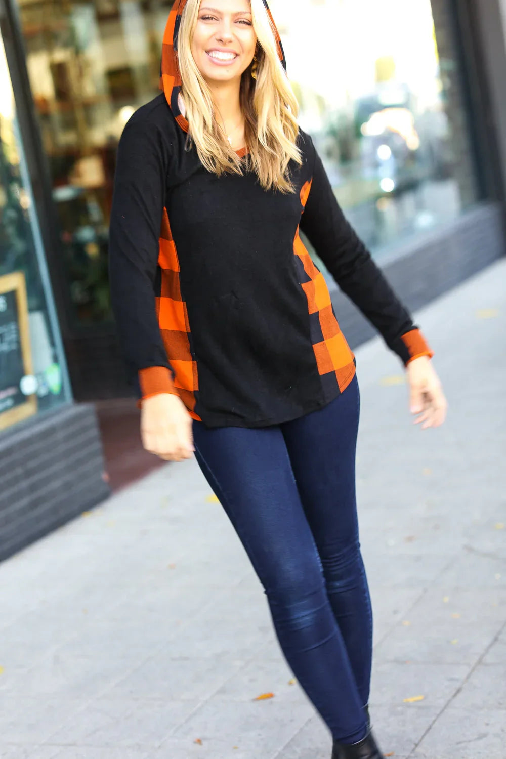 Black & Rust Plaid Hacci Knit Hoodie | Daverri Fashions