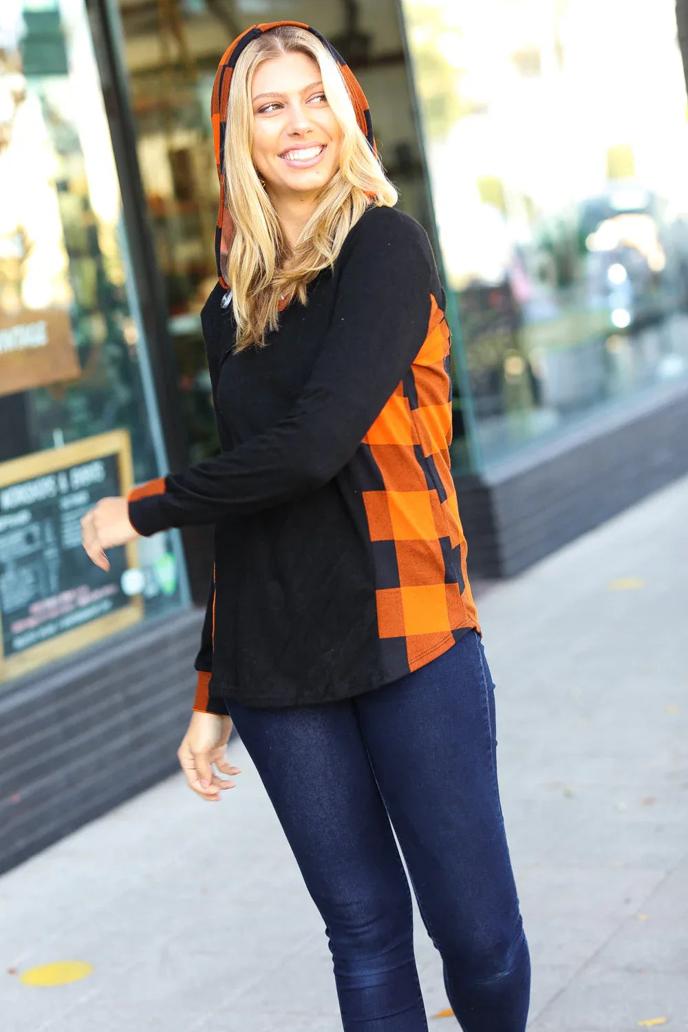 Black & Rust Plaid Hacci Knit Hoodie | Daverri Fashions