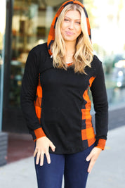 Black & Rust Plaid Hacci Knit Hoodie | Daverri Fashions