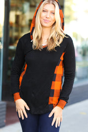 Black & Rust Plaid Hacci Knit Hoodie | Daverri Fashions