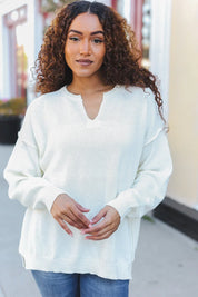 Lock Eyes Ivory Notched Neck With Patch Oversized Sweater | 2024 Blow-Out Sale Daverri Fashions