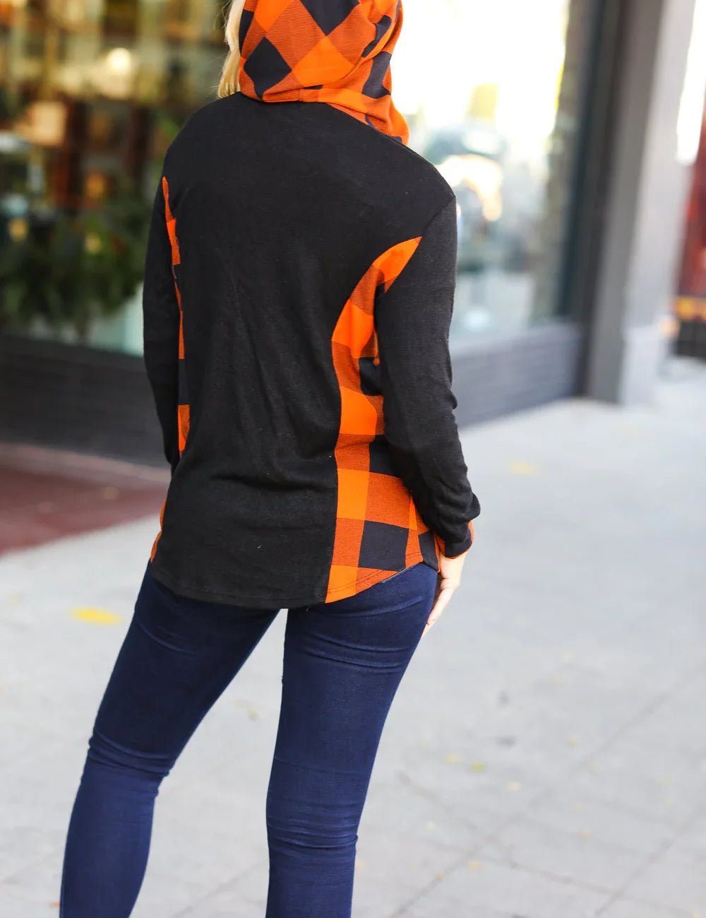 Black & Rust Plaid Hacci Knit Hoodie | Daverri Fashions