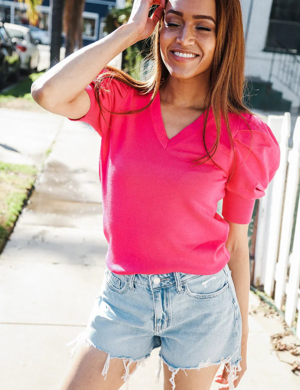 Be Bold Solid Fuchsia Shirred Puff Sleeve Sweater Top | 07-01-25 Summer Sale Daverri Fashions